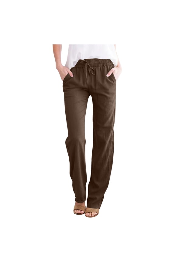 Cotton Linen Pants Women Summer Lightweight Drawstring Lounge Pants Straight Leg Slim Comfy Work Trousers Coffee XL
