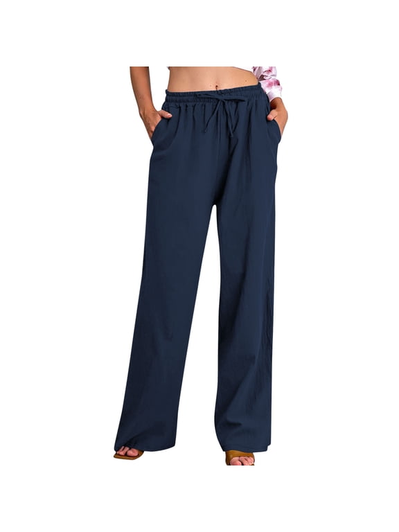 Cotton Linen Pants for Women Summer Drawstring High Waisted Palazzo Pants Casual Wide Leg Yoga Pants with Pockets Navy XXL