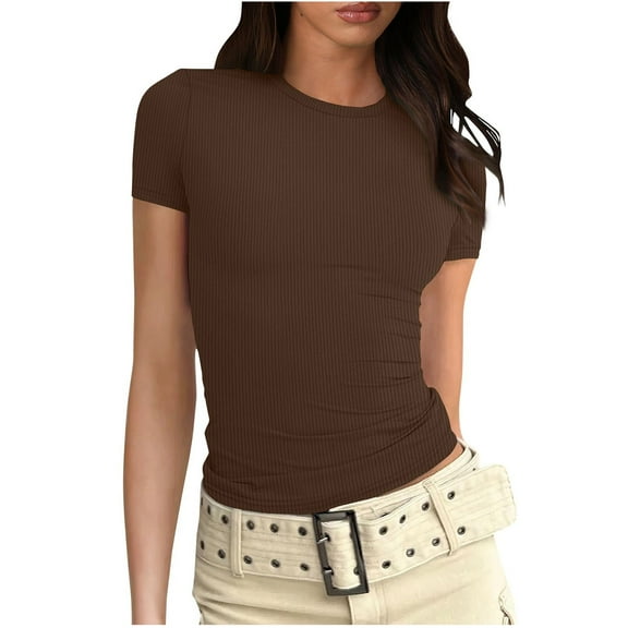Dezsed Crop Tops for Women Summer Trendy Tight Tshirts 2025 Slim Tops Crewneck Short Sleeve T-Shirt Solid Basic Tee Brown XXL