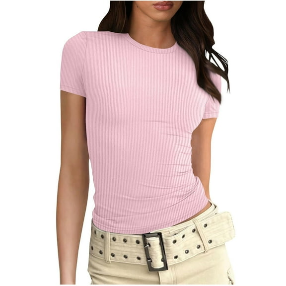 Dezsed Crop Tops for Women Summer Trendy Tight Tshirts 2025 Slim Tops Crewneck Short Sleeve T-Shirt Solid Basic Tee Pink XXL