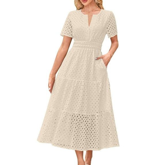 Dezsed Dresses for Women 2025 Eelegant Midi Cocktail Party Dress Casual Short Sleeve V Neck Hollow Out A Line Long Dresses Beige S