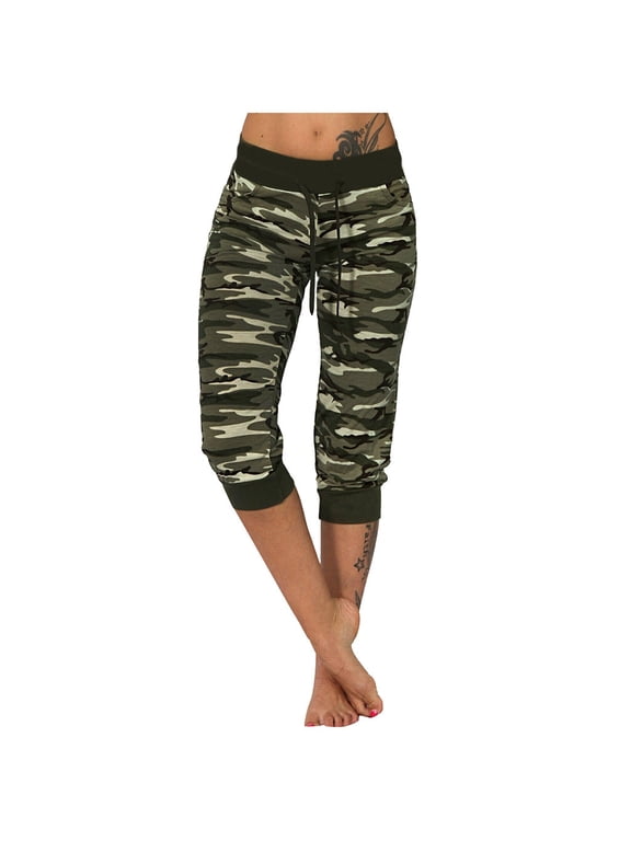 Elastic Waist Capris Sweatpants for Women Drawstring Joggers Camouflage Printed Yoga Capris Workout Out Athletic Cropped Pants Army Green 2XL
