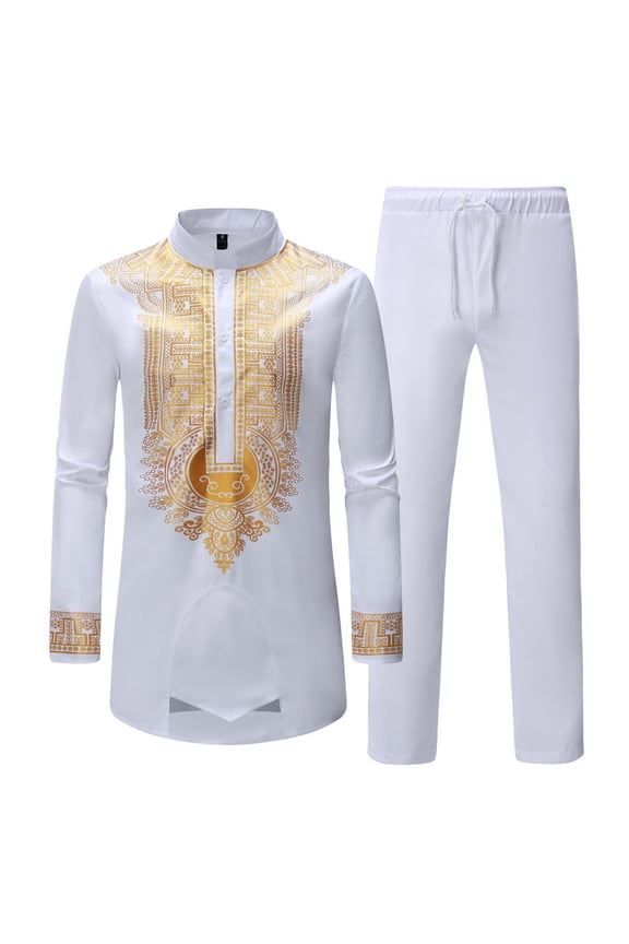 Ethnic Style Suit for Men 2 Piece Outfit Printed Muscle Tee T-Shirt Casual Long Sleeve Stand-Up Collar Blouse Shirt Set White L