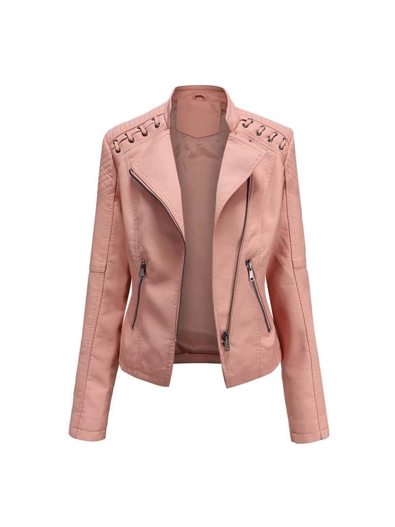 Faux Leather Moto Jackets for Women Rivet Stand Collar Zipper Biker Coat Cropped Bomber Jackets Casual Street Outerwear Windbreaker with Pockets Pink S