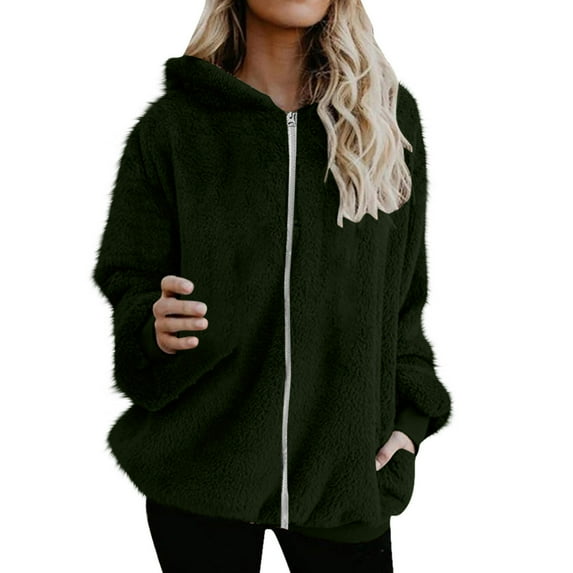 Dezsed Fleece Jacket Women Fashion Women's Zipper V-Neck Pullover Tops Long Sleeve Hooded Blouse Sweatshirt Army Green XXL