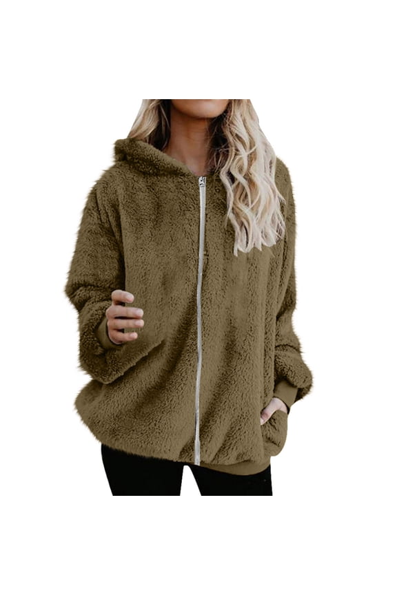 Fleece Jacket Women Fashion Women's Zipper V-Neck Pullover Tops Long Sleeve Hooded Blouse Sweatshirt Brown XXL