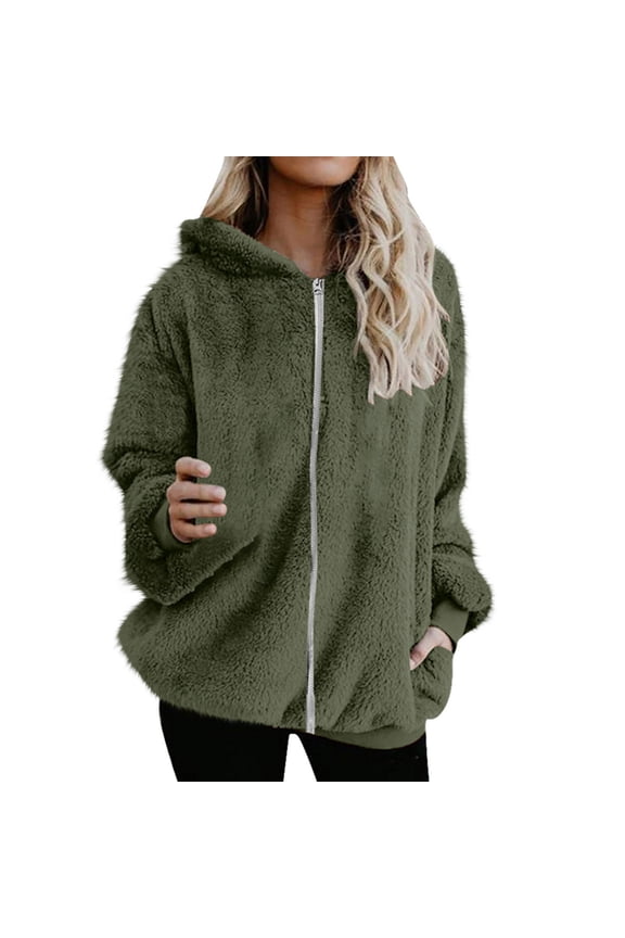 Fleece Jacket Women Fashion Women's Zipper V-Neck Pullover Tops Long Sleeve Hooded Blouse Sweatshirt Green XXL