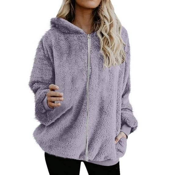 Dezsed Fleece Jacket Women Fashion Women's Zipper V-Neck Pullover Tops Long Sleeve Hooded Blouse Sweatshirt Purple XXXL