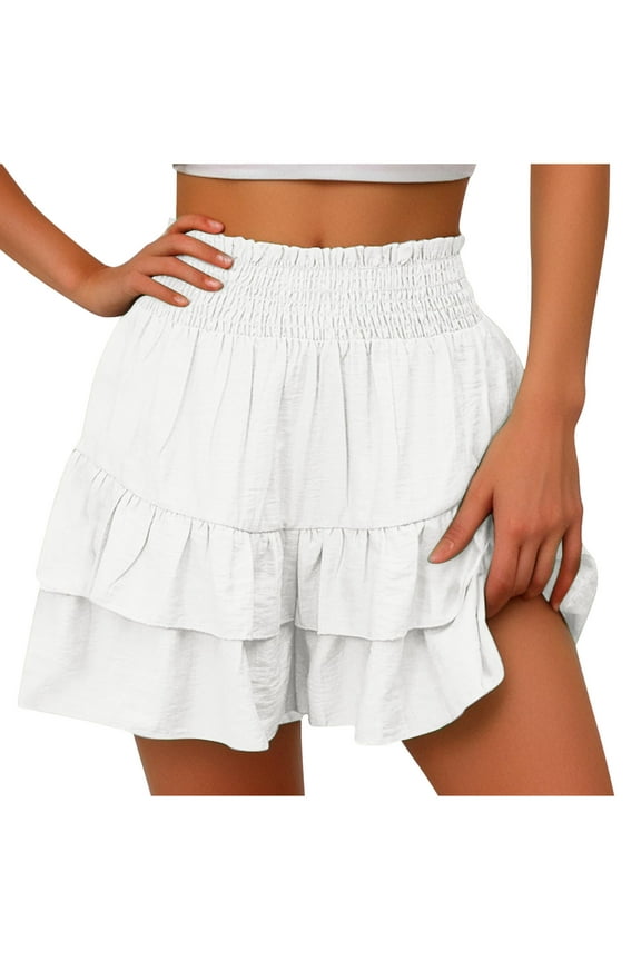Flowy Shorts for Women Summer Elastic Waist Shorts Casual Boho Beach Shorts Ruffle Mini Skirts Running Tennis Shorts White XL