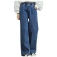 thumbnail image 1 of Dezsed Girl's High Waisted Straight Leg Button Jeans Girls Wide Leg Jeans Kids Baggy Elastic Waist Casual Denim Pants with Pockets for 4-5 Years Dark Blue, 1 of 4