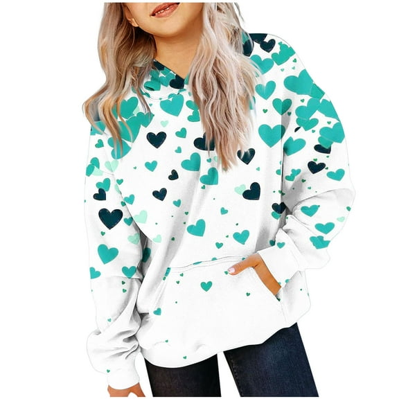 Dezsed Girl's Hoodies Valentine's Day Oversized Sweatshirts Children's Shirt Long Sleeved Pattern T-shirt Printed Round Neck Hooded Sweatshirt for 13-14 Years Mint Green