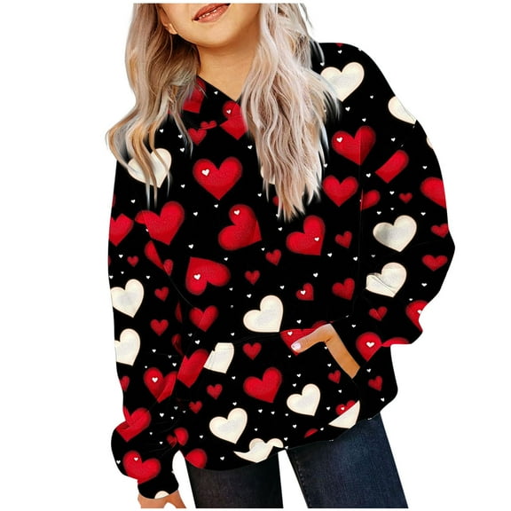 Dezsed Girl's Hoodies Valentine's Day Oversized Sweatshirts Children's Shirt Long Sleeved Pattern T-shirt Printed Round Neck Sweatshirt for 9-10 Years Black