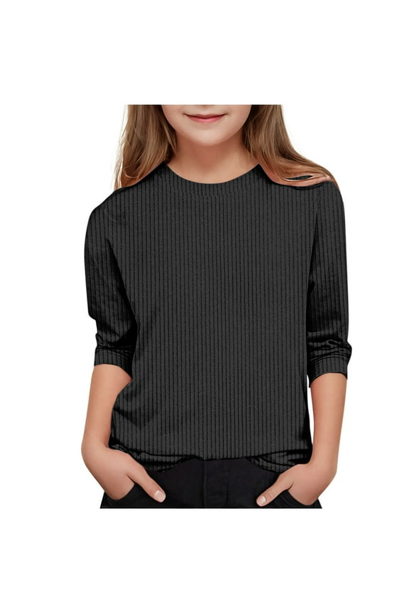 Girls' 3/4 Sleeve T Shirts Summer Cute Crewneck Basic Tees Ruffle Dressy Casual Tunic Tops Girl Blouses 12-13 Years Black
