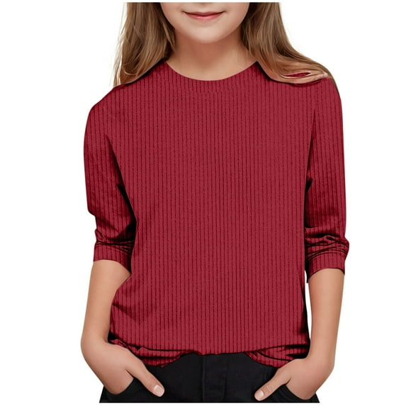 Dezsed Girls' 3/4 Sleeve T Shirts Summer Cute Crewneck Basic Tees Ruffle Dressy Casual Tunic Tops Girl Blouses 7-8 Years Wine