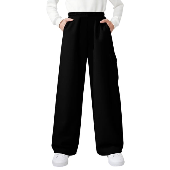 Dezsed Girls Cargo Sweatpants Baggy Fleece Loose Straight Leg Joggers Sweat Pants Elastic Waist Wide-Leg Athletic Pants 14-15 Years Black