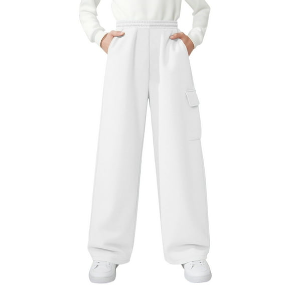 Dezsed Girls Cargo Sweatpants Baggy Fleece Loose Straight Leg Joggers Sweat Pants Elastic Waist Wide-Leg Athletic Pants 14-15 Years White