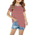 thumbnail image 1 of Dezsed Girls Casual Short Sleeve T Shirts Kids Loose Soft Striped Tunic Tops, Tees Blouses Summer Fashion Trendy Outfits Clothes 11-12 Years Red, 1 of 4