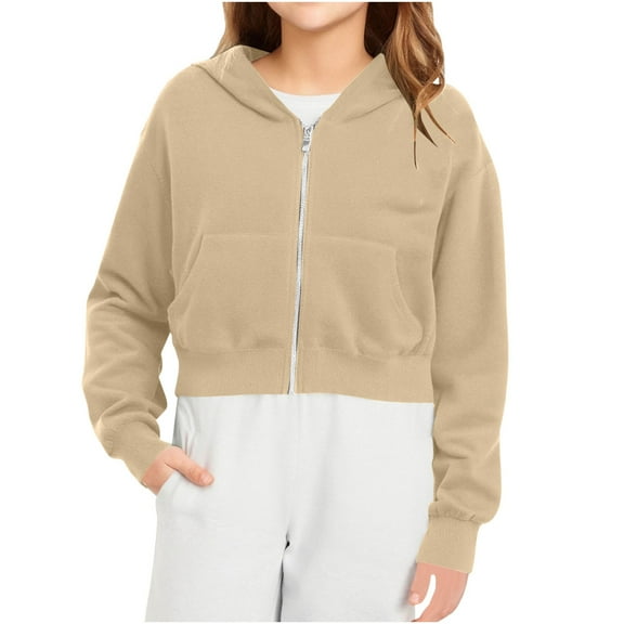 Dezsed Girls Full Zip Hoodies Sweatshirts Solid Hooded Crop Tops for Teen Girls Long Sleeve Hoodies 9-10 Years Khaki
