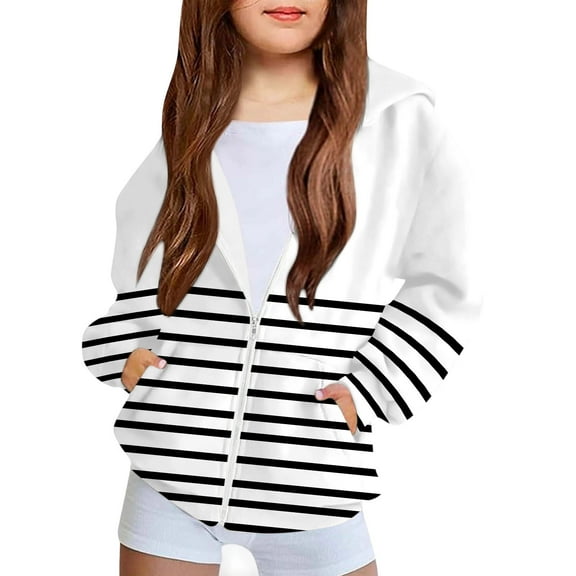 Dezsed Girls Full Zip Striped Hooded Hoodie Sweatshirt Fashion Cute Print Long Sleeve Hoodies with Pocket 7-8 Years White