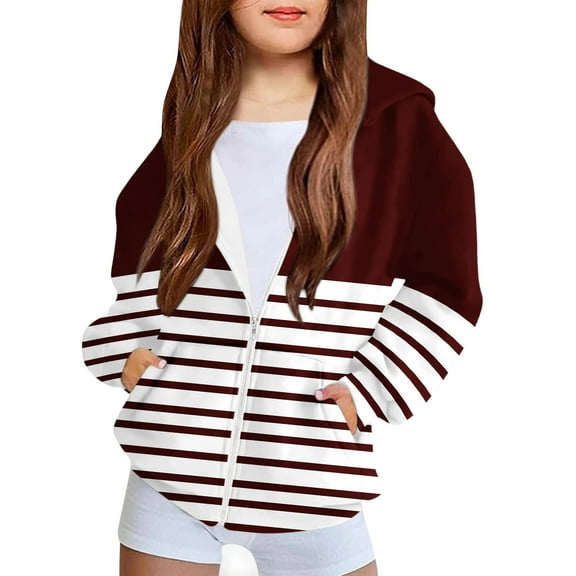 Dezsed Girls Full Zip Striped Hooded Hoodie Sweatshirt Fashion Cute Print Long Sleeve Hoodies with Pocket 7-8 Years Wine