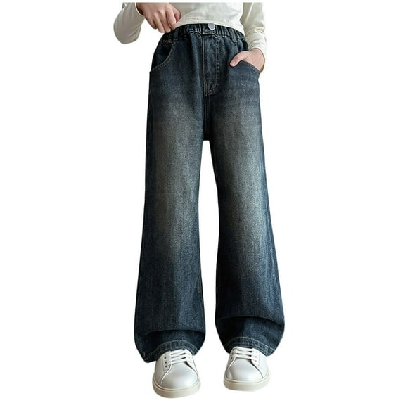 Dezsed Girls Jeans Baggy Wide Leg Cute Teen Denim Pants Junior Mid Rise Elastic Band with Pockets Casual Clothes 14 Years Blue