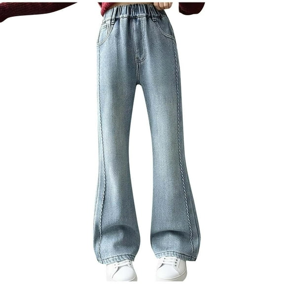 Dezsed Girls Jeans Baggy Wide Leg Cute Teen Denim Pants Junior Mid Rise Elastic Band with Pockets Casual Clothes 7-8 Years Blue