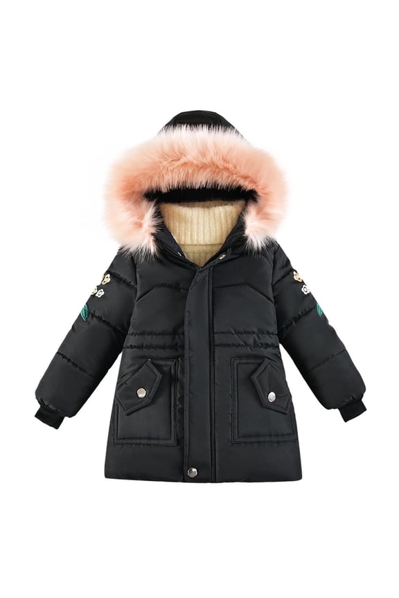 Girls Winter Coat Long Quilted Puffer Jacket Warm Hooded Parka Snow Coats Full Zip Outerwear Coats 3-4 Years Black