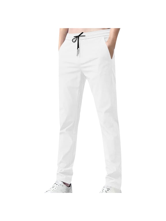 Golf Pants for Men Casual Drawstring Elastic Waist Trousers Summer Quick Dry Lightweight Thin Slim Stretch Pants with Pockets White XL