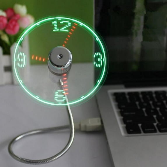 Dezsed Home Decor Clocks Mini USB Powered LED Flashing Real Time Display Function Clock Fan Silver