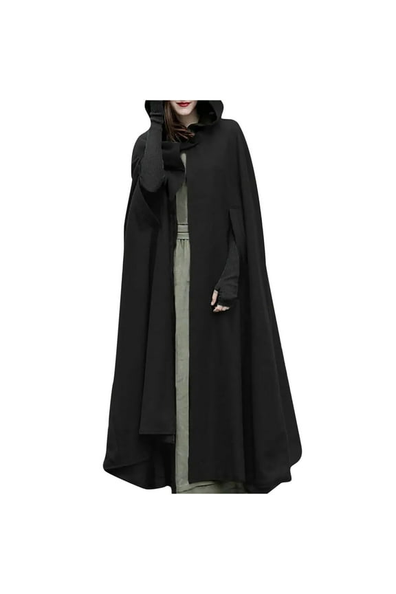 Hooded Cloak Unisex Women Fall Fashion Solid Gothic Hooded Open Front Cloak Cape Coat Outwear Jacket Cloak Split Fork Woolen Coat Black S