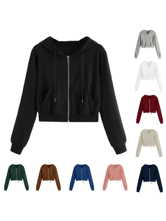 Hoodies for Women Zip Up Drawstring Cropped Sweatshirt Comfy Long Sleeve Short Sweatshirt Hooded Crop Jacket Tops with Pockets Light Pink XXXXL