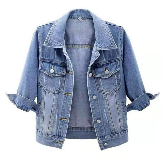 Dezsed Jean Jacket Women Clearance Womens Cropped Denim Jacket 3/4 Sleeve Short Jean Jacket Retro Lightweight Trucker Coat Blue L