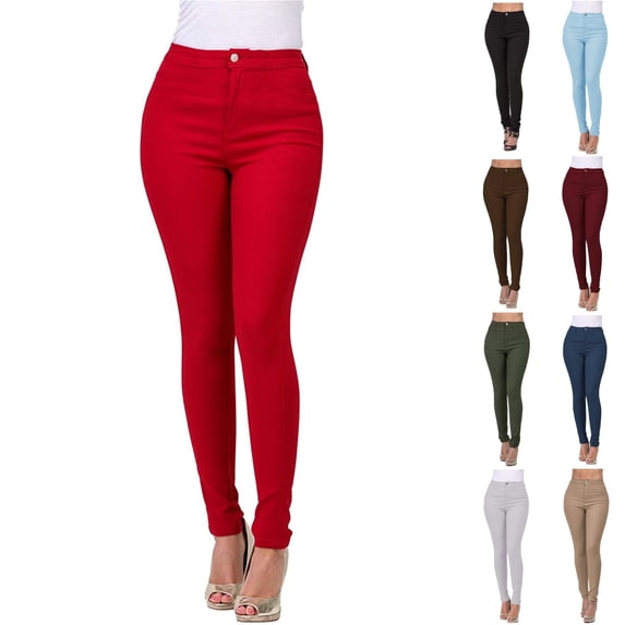Dezsed Jeggings for Women High Waist, Skinny Stretchy Jeans Soft Slim Pencil Leg Elastic Waist Pull on Denim Pants for Work Red M