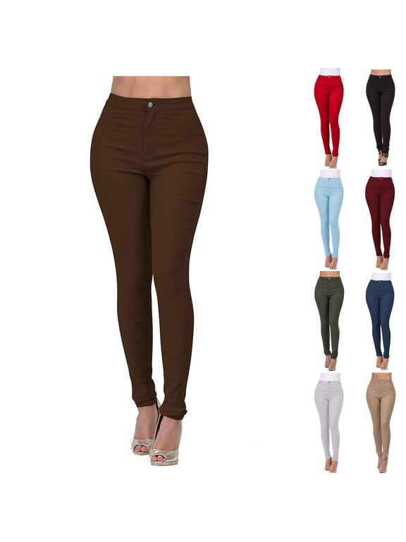 Jeggings for Women High Waist, Skinny Stretchy Jeans Soft Slim Pencil Leg Elastic Waist Zipper Button Denim Pants for Work Coffee M