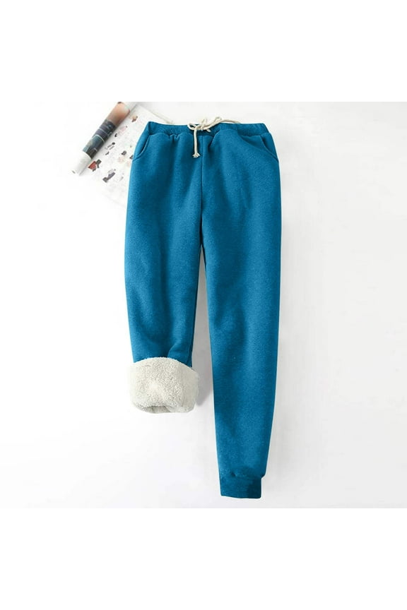 Jogger Pants Sweatpants Comfy Stretchy Sweatpants for Women Fleece Lined Solid Color Loose Fit Soft Winter Warm Thick Drawstring Pants Thermal Trousers Blue C XL