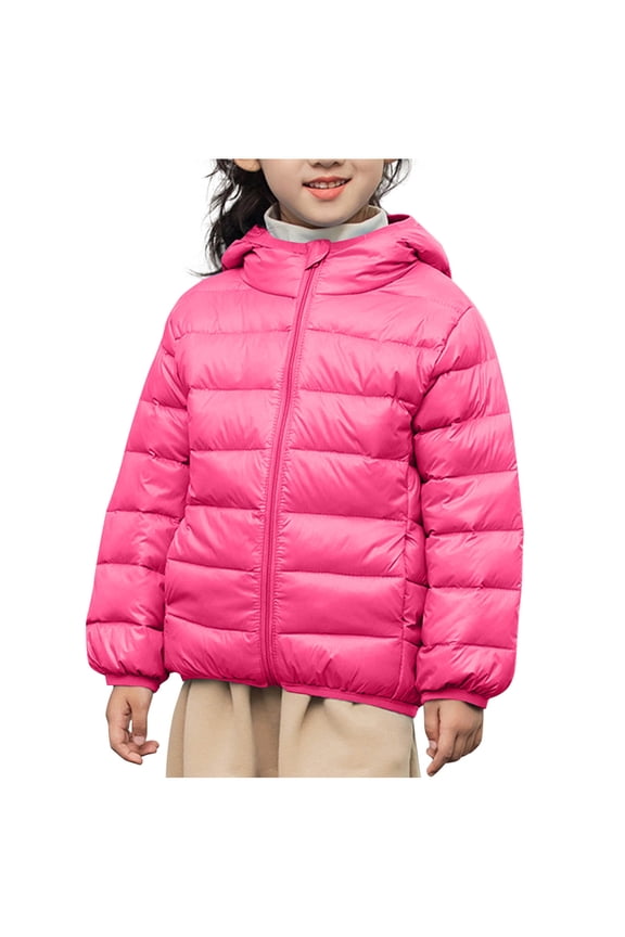 Kids Boy Girl Winter Hooded Puffer Jackets Cotton Warm Lined Coats Full Zip Lightweight Padded Outerwear 6-7 Years Pink