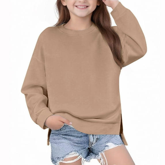 Dezsed Kids Crewneck Sweatshirts Long Sleeve Pullover Tops Solid Drop Shoulder Sweatshirts Side Split Sweatshirts Hoodies 5-6 Years Khaki