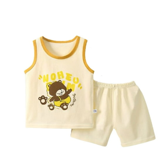 Dezsed Kids Toddler Boy Clothes Outfits Clearance 2Pcs Baby Summer Short Set Cute Printed Round Neck Sleeveless T-Shirts Tank Tops Shorts Set Beige 3-9 Months
