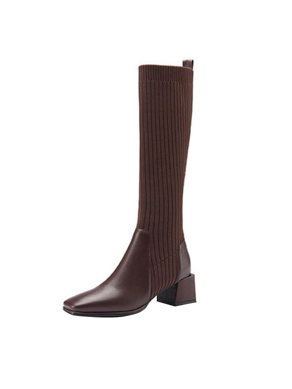 Knee High Boots for Women Knitted Stretch Tube Chunky Heels Square Toe Boots Comfy Fashion Long Boots for Women Brown 40