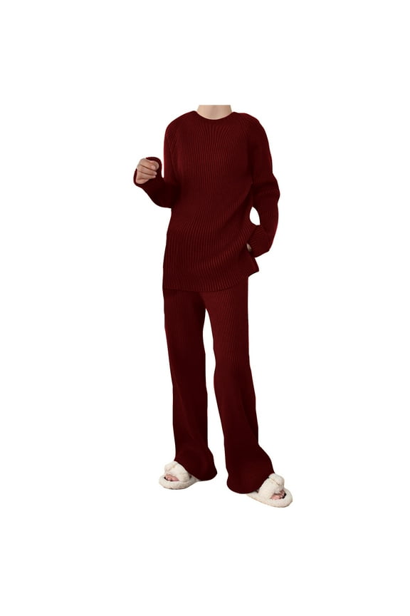 Knit Lounge Sets for Women Two Piece Long Sleeved Sweater Top and Wide Leg Pants Pajamas Set Loungewear Wine S