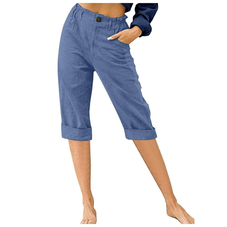 Dezsed Ladies Capris With Pockets Women's Pants High Waist Straight Pants  Summer Casual Pants with Pockets Ladies Solid Dressy Cargo Pants Blue M