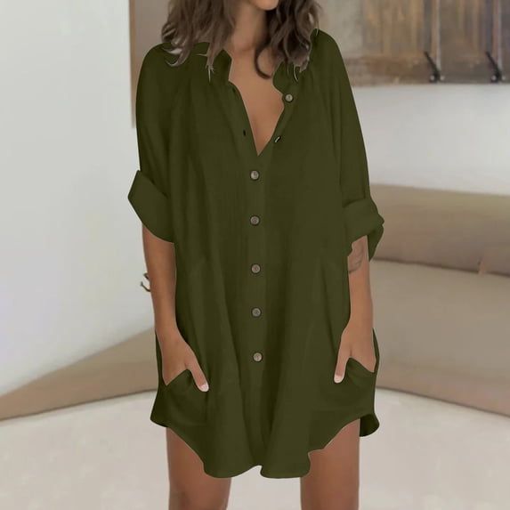 Dezsed Linen Long Shirts for Women Solid Color V Neck Loose Work Blouse Long Sleeve Casual Button T Shirts Tops with Pocket Army Green M
