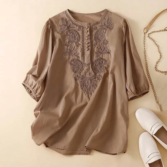 Dezsed Linen Shirts for Women Summer Retro Embroidered 3/4 Sleeve Round Neck Blouse Loose Tee Shirts Casual Tunic Tops Blouse Khaki XL