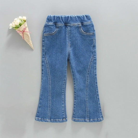 Dezsed Little Girls Basic Stretch Straight Leg Jeans Clearance Spring and Summer Cute Girls Elastic Waist Comfy Full Length Ripped Denim Jeans Pants for 10-12 Years Blue
