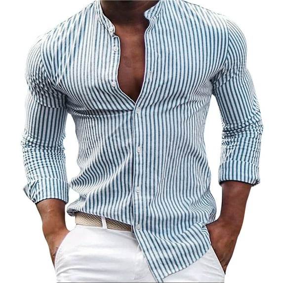 Brglopf Long Sleeve Shirts for Men Fall 2024 Stand Collar Slim Fitted Striped Shirts Button Down Casual Vacation Shirt
