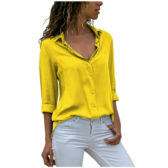 Dezsed Long Sleeve Shirts for Women Long Sleeve V-Neck Lapel Solid Color Chiffon Blouses Summer Casual Tops Yellow S