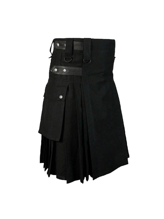 Men Scottish Modern Cotton Skirt Mens Vintage Kilt Scotland Gothic Fashion Kendo Pocket Skirts Scottish Clothing Black S