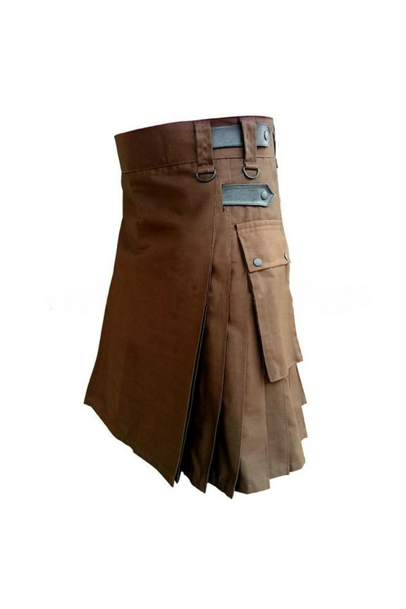 Men Scottish Modern Cotton Skirt Mens Vintage Kilt Scotland Gothic Fashion Kendo Pocket Skirts Scottish Clothing Brown S