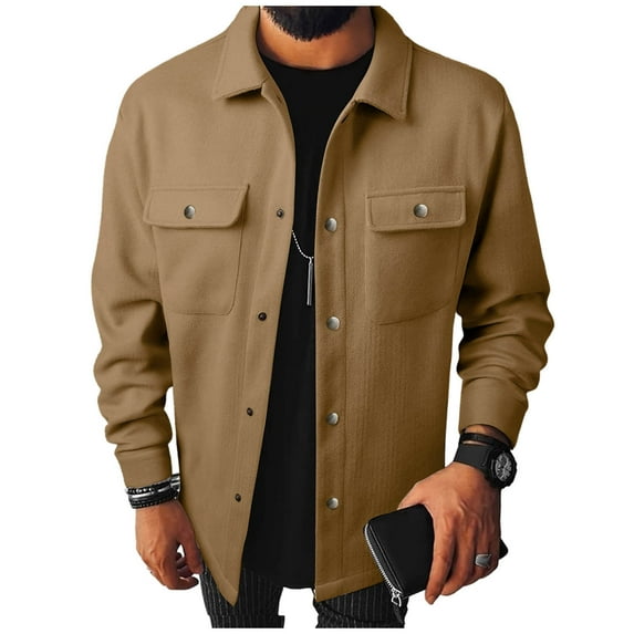 Dezsed Men Solid Color Casual Fashion Long Sleeve Button Cardigan Double Pockets Workwear Coat Khaki S