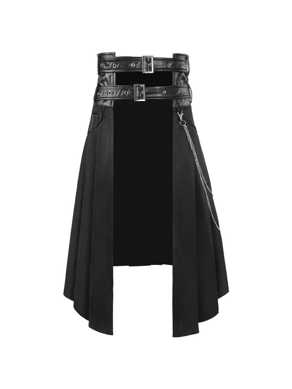 Men Sports Utility Kilt Casual Solid Gothic Fashion Asymmetric Pleated Skirt Short Skirt Scottish Men Costume Black XXXL